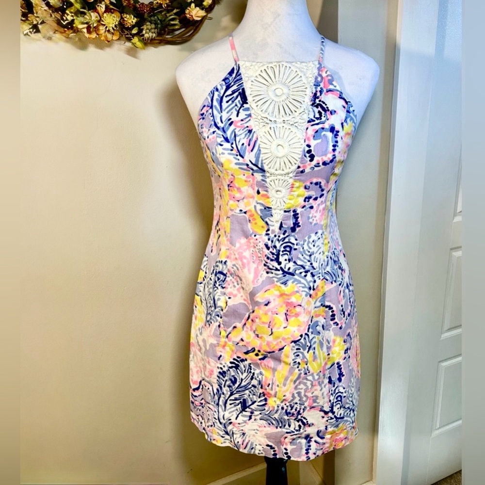 LILLY PULITZER So Snappy Pearl Shift Dress Lilac Verbena Crochet Bodice Sz 0💛 - Picture 9 of 9